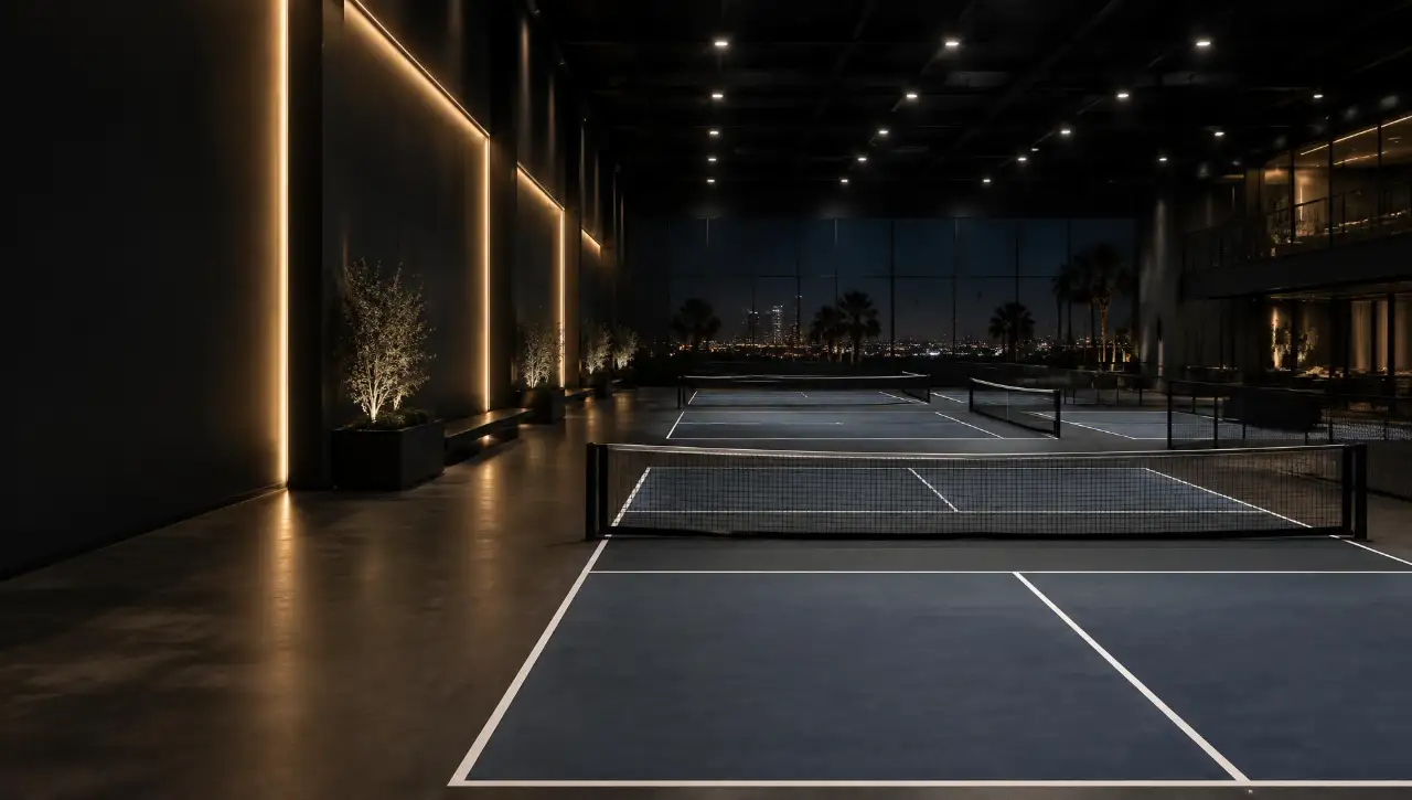 Premium indoor pickleball courts at night